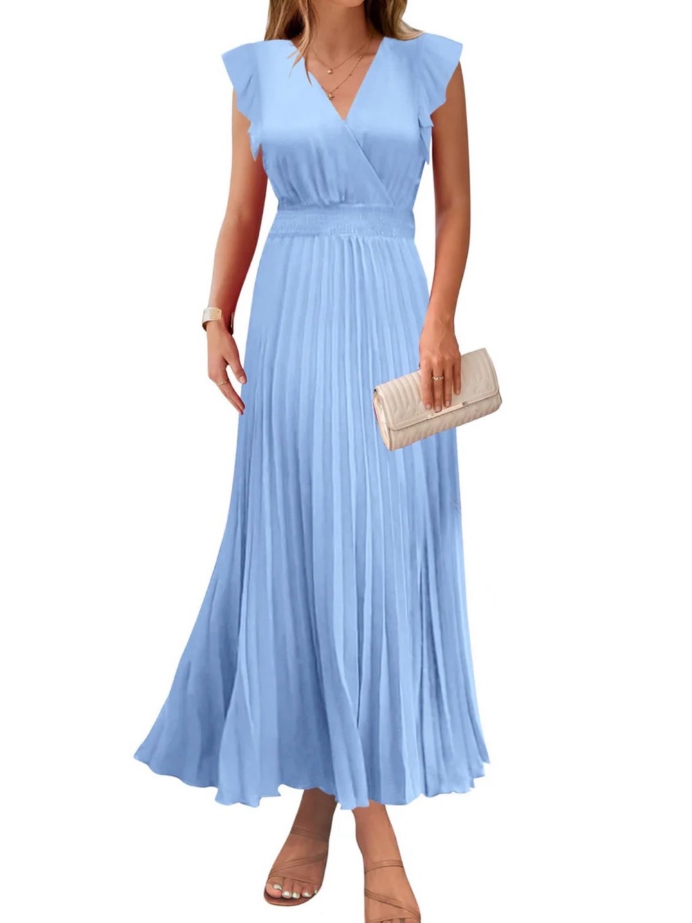 Light Blue Pleated V-Neck Maxi Dress